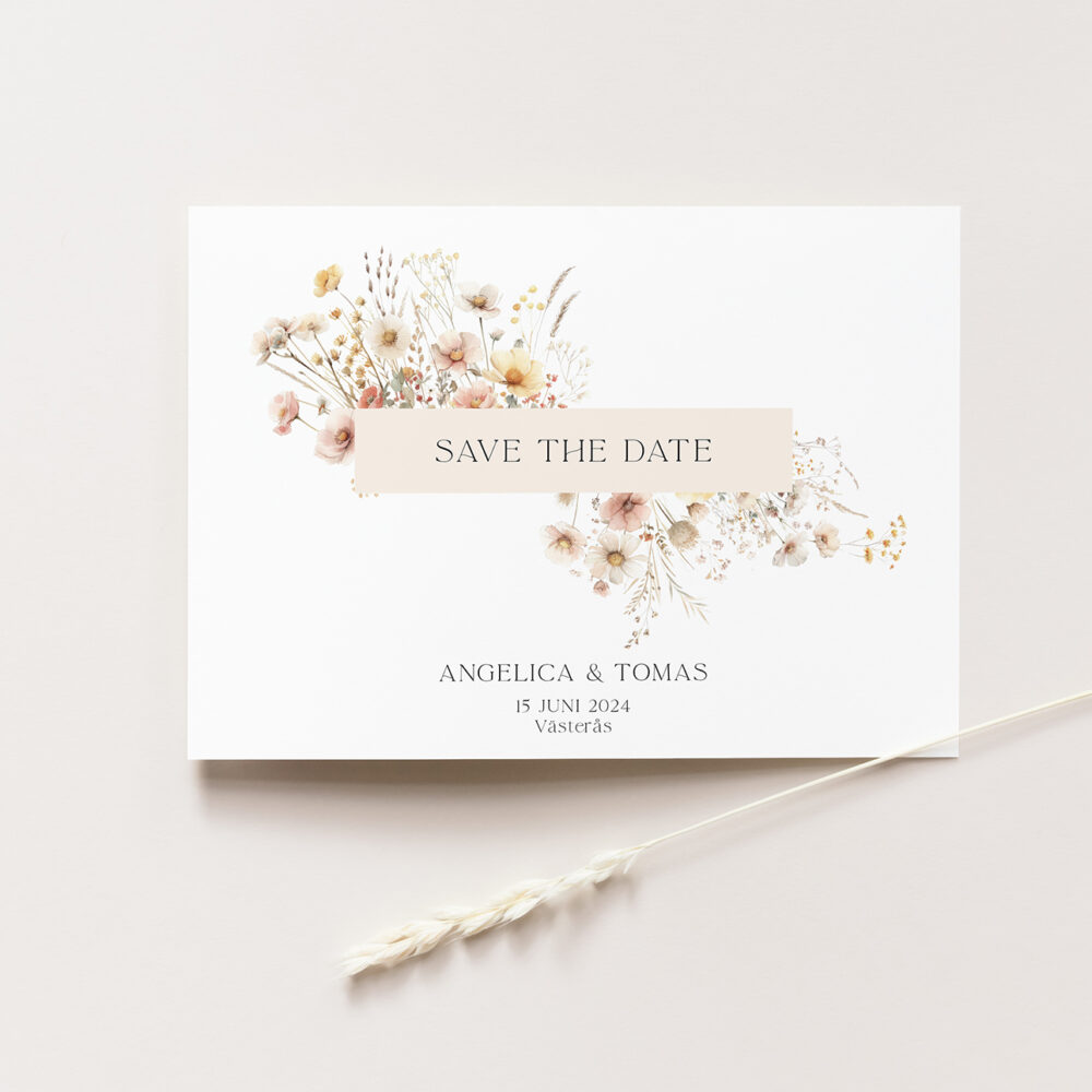 Save the date kort med blommor för sommarbröllop